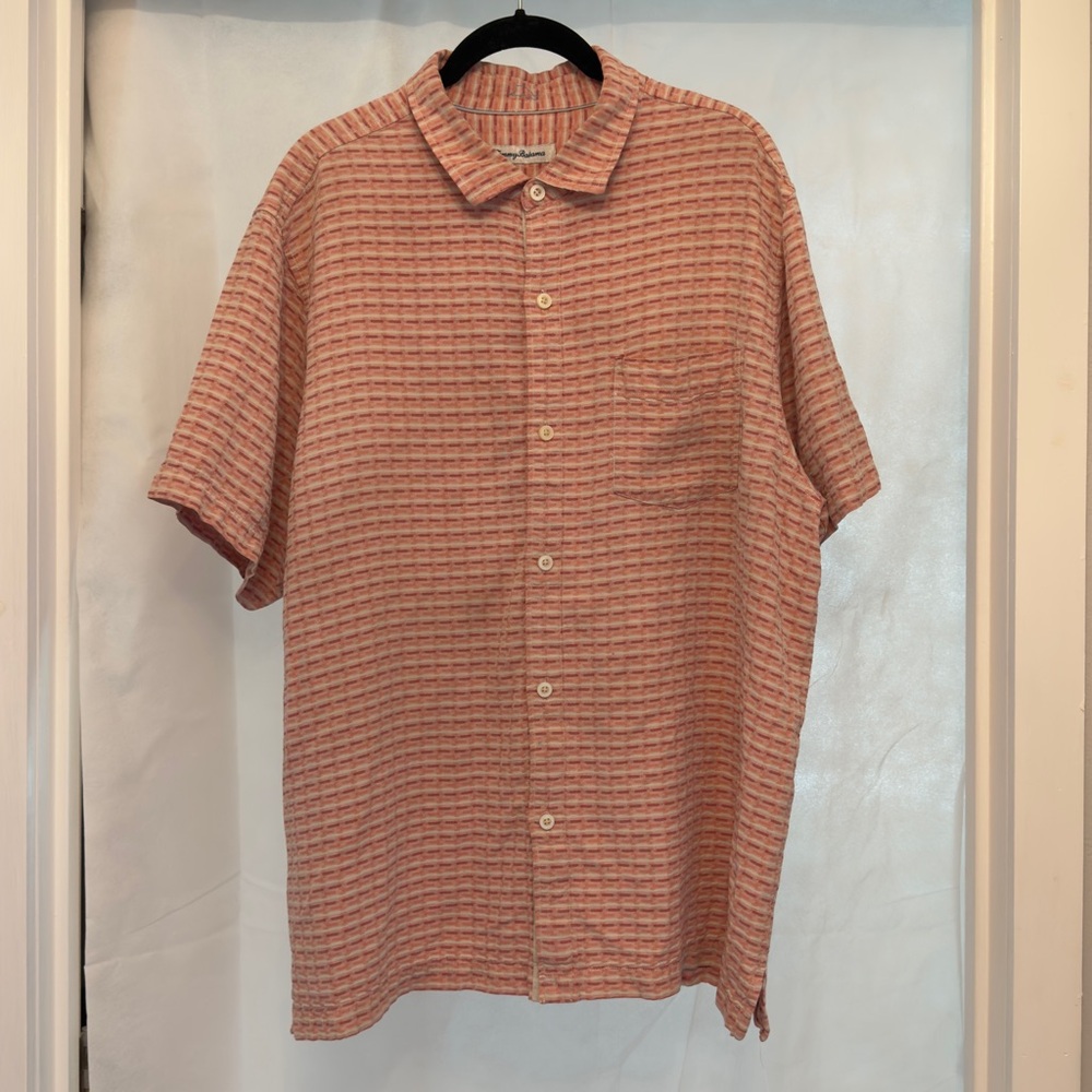 Tommy Bahama XL Silk Button Front Shirt Peach Orange Striped